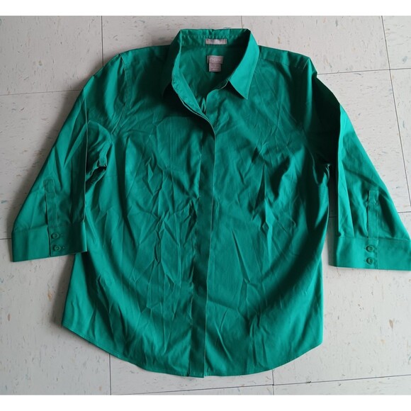Chico's Tops - Chicos No Iron Button Down Shirt S Green Blouse 100% Cotton Minimalist Career